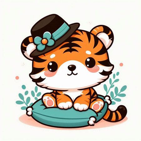 Cute tiger in a hat. Vector illustration on white background.のイラスト素材