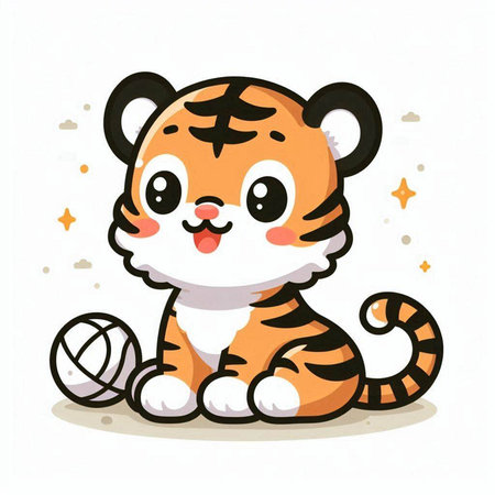 Cute cartoon tiger sitting with ball of yarn. Vector illustration.のイラスト素材