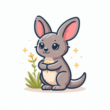 Cute cartoon kangaroo sitting on the grass. Vector illustration.のイラスト素材