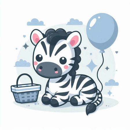 Cute zebra with balloon and basket. Vector illustration in cartoon style.のイラスト素材