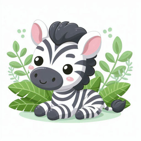 Cute cartoon zebra with flowers and leaves. Vector illustration.のイラスト素材