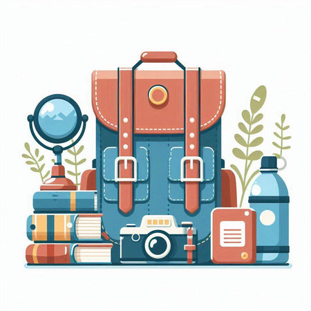 Vector illustration of backpack, camera and books. Flat style design.のイラスト素材