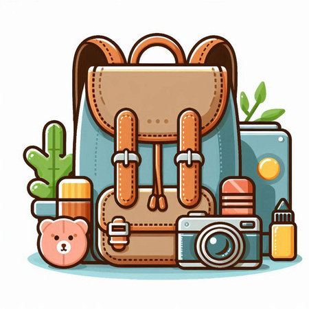 Hiking backpack with camera and cosmetics. Vector illustration in cartoon styleのイラスト素材
