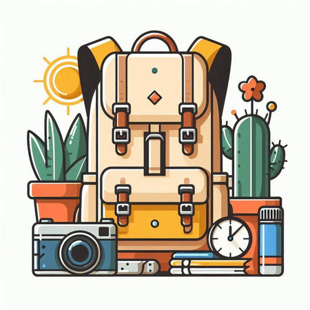 Traveler backpack, camera, compass, cactus, sun. Vector illustrationのイラスト素材