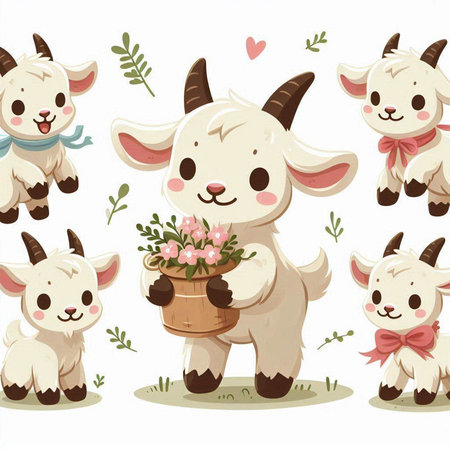 Seamless pattern with cute goat and flowers. Vector illustration.のイラスト素材