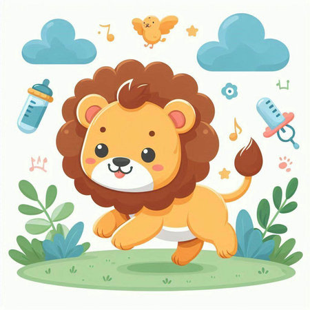 Cute cartoon lion with baby accessories. Vector illustration for kids design.のイラスト素材