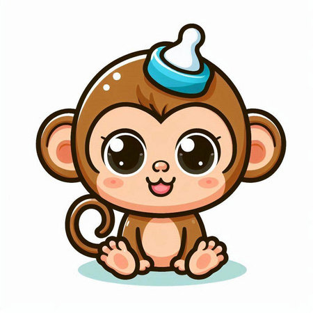 Cute baby monkey in blue hat isolated on white background. Vector illustration.のイラスト素材