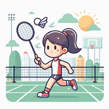 Girl playing badminton on the tennis court, vector illustration.のイラスト素材