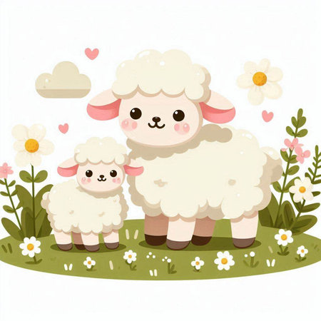 Sheep and lamb on the meadow. Cute cartoon vector illustration.のイラスト素材