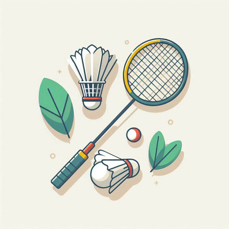 Badminton flat line icons set. Badminton racket, shuttlecock, ball and leaves. Vector illustrationのイラスト素材