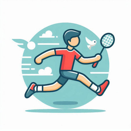 Badminton player running with racket and shuttlecock. Vector illustration.のイラスト素材
