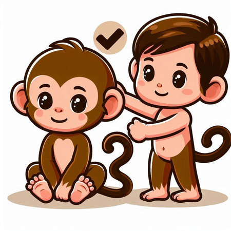 Cute baby monkey and baby monkey on white background, vector illustrationのイラスト素材