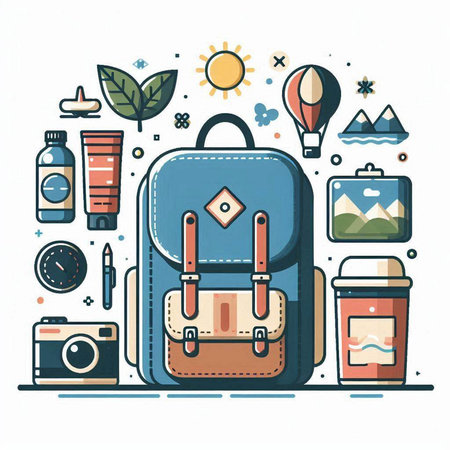 Vector illustration of a backpack with travel items. Travel and tourism.のイラスト素材