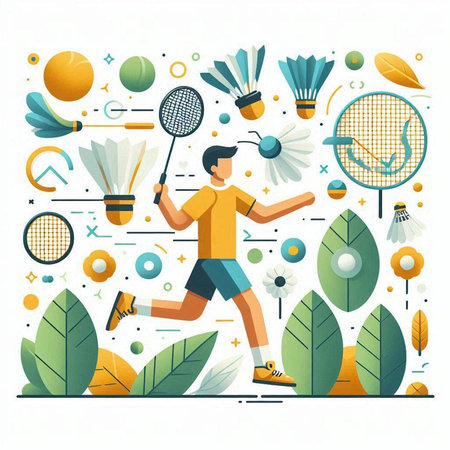 Badminton sport flat vector illustration. Man playing badminton.のイラスト素材