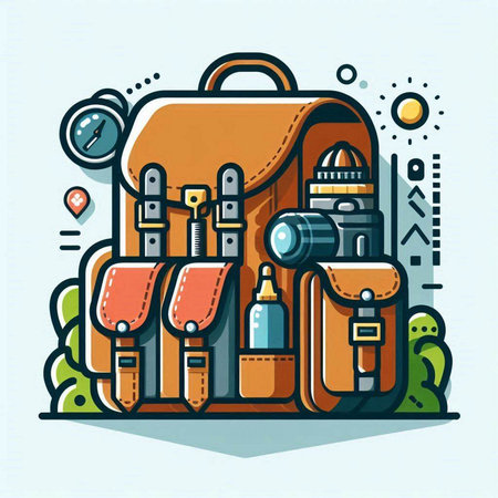 Vector illustration of a backpack and travel equipment. Line art design for web, site, advertising, banner, poster, board and print.のイラスト素材