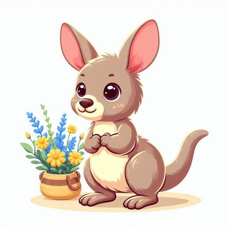 Cute kangaroo with a flower in a pot. Vector illustration.のイラスト素材