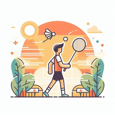 Man playing badminton in the park. Flat style vector illustration.のイラスト素材