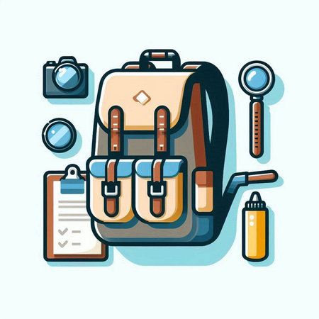 Vector illustration of a backpack with a set of travel items on a light backgroundのイラスト素材