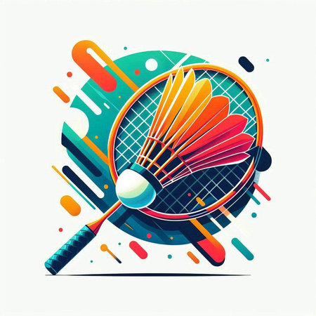 Badminton racket and shuttlecock on colorful background. Vector illustration.のイラスト素材