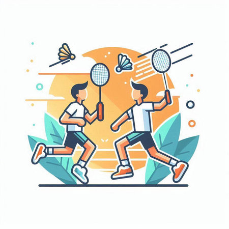 Badminton sport flat vector illustration. Man and woman playing badminton.のイラスト素材