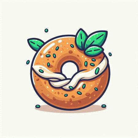 Cartoon donut with cream and green leaves. Vector illustration.のイラスト素材