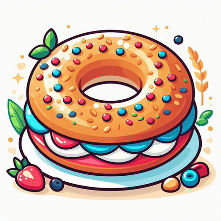 Illustration of a delicious donut with colorful sprinkles on a white backgroundのイラスト素材