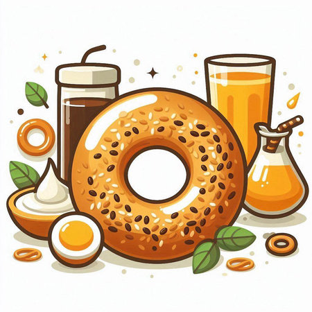 Illustration of a Bagel with Sesame Seeds, Eggs and Juiceのイラスト素材