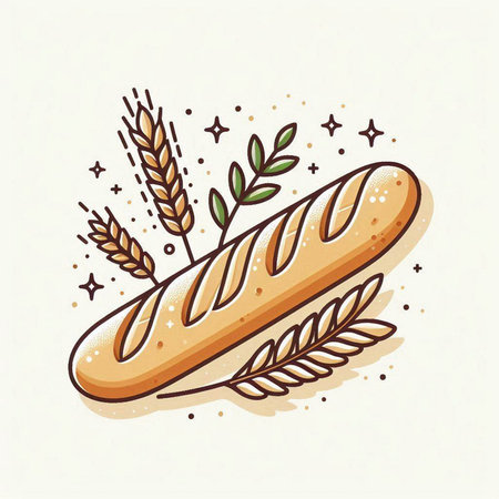 Vector illustration of a loaf of bread with wheat ears and leaves.のイラスト素材