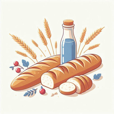 Illustration of a baguette and a bottle of milk.のイラスト素材
