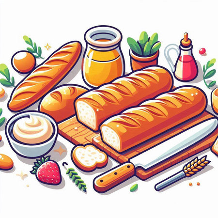 Vector illustration of a bread with butter, jam and other ingredients.のイラスト素材
