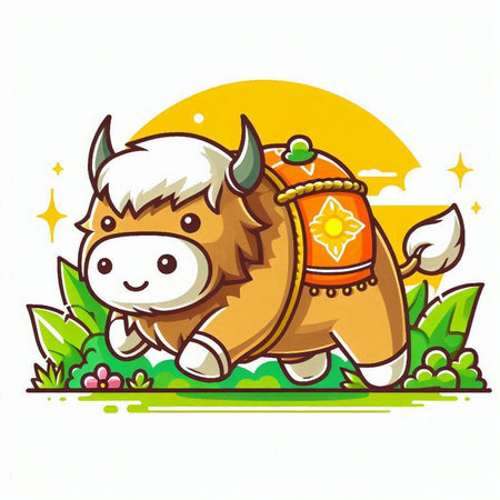 Illustration of a Cute Bull with a Backpack on His Backのイラスト素材