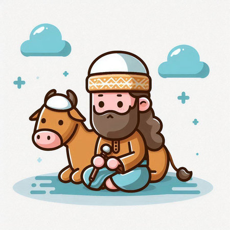 Cute cartoon man with a horse. Vector illustration on a white background.のイラスト素材