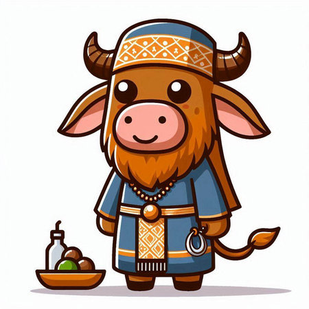 Illustration of a Cute Ox Wearing Traditional Costume and Drinking Teaのイラスト素材