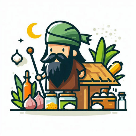 Vector illustration of a bearded man in a hat and apron with a beard stands next to a shisha.のイラスト素材