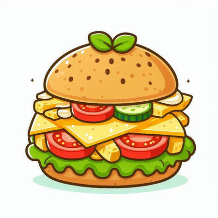 Illustration of a hamburger with cheese, tomato and cucumberのイラスト素材