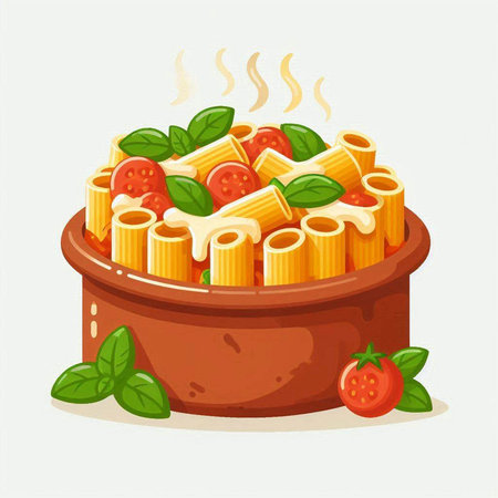 Pasta with tomato sauce and basil in a pot. Vector illustration.のイラスト素材
