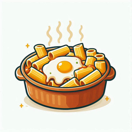 Illustration of a bowl of pasta with a fried egg on topのイラスト素材