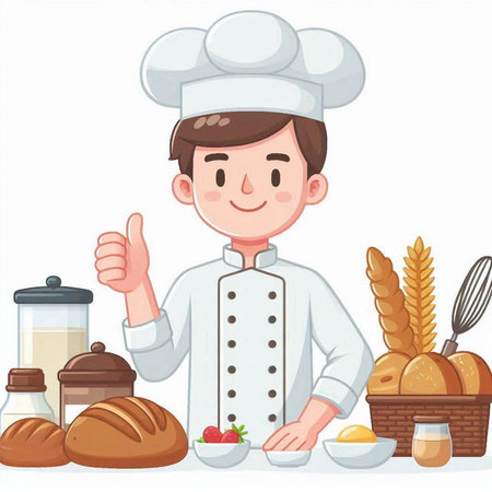Chef with bread and bakery. Vector illustration in cartoon style.のイラスト素材