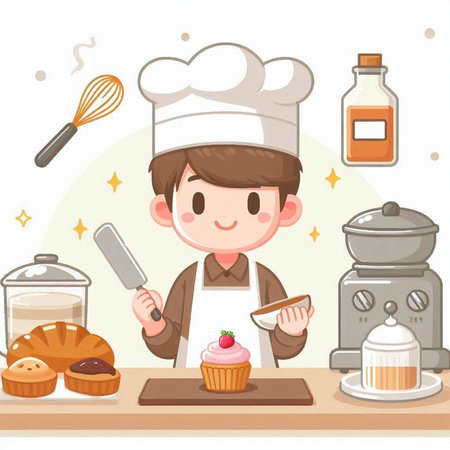 Illustration of a Little Boy Cooking in the Kitchen with a Cupcakeのイラスト素材