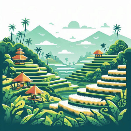 Rice terraces in Bali, Indonesia. Vector illustration.のイラスト素材