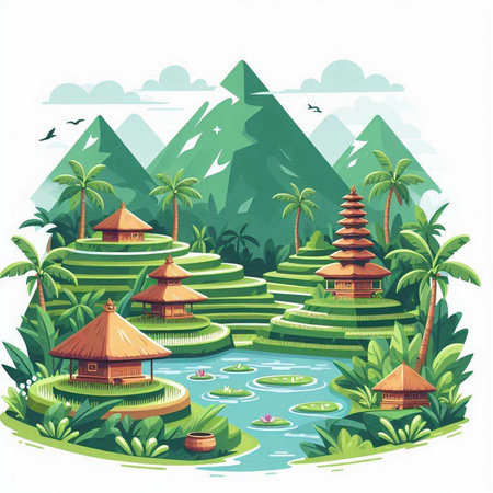 Tropical island with palm trees and lake. Vector illustration.のイラスト素材