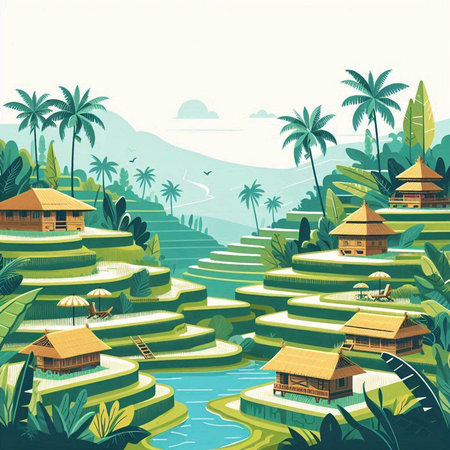 Tropical landscape with rice terraces and palm trees. Vector illustration.のイラスト素材