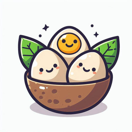 Cute cartoon egg character in a bowl with leaves. Vector illustration.のイラスト素材