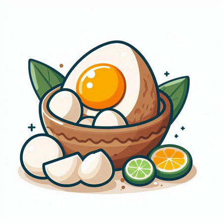 Vector illustration of boiled egg in a bowl with lemon and mint leaves.のイラスト素材