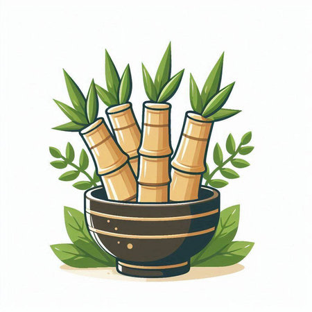 Illustration of bamboo stems in bowl with leaves on white background.のイラスト素材