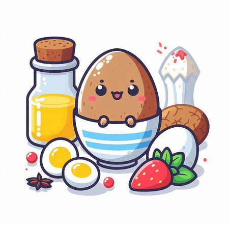 Cute kawaii cartoon kawaii egg character with food ingredients.のイラスト素材