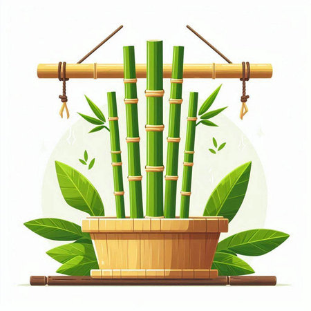 Bamboo in bamboo pot with bamboo sticks. Vector illustration in cartoon style.のイラスト素材