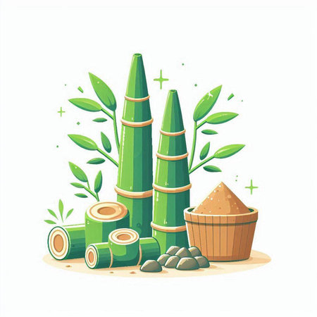 Vector illustration of green bamboo, cupcake, bamboo leaves and stonesのイラスト素材