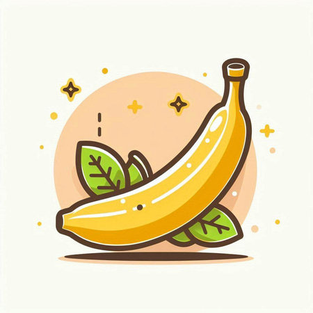 Banana icon. Vector illustration of a banana with leaves. Flat style.のイラスト素材