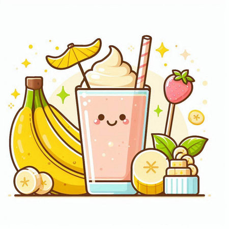Cute cartoon milkshake with banana and strawberry. Vector illustration.のイラスト素材